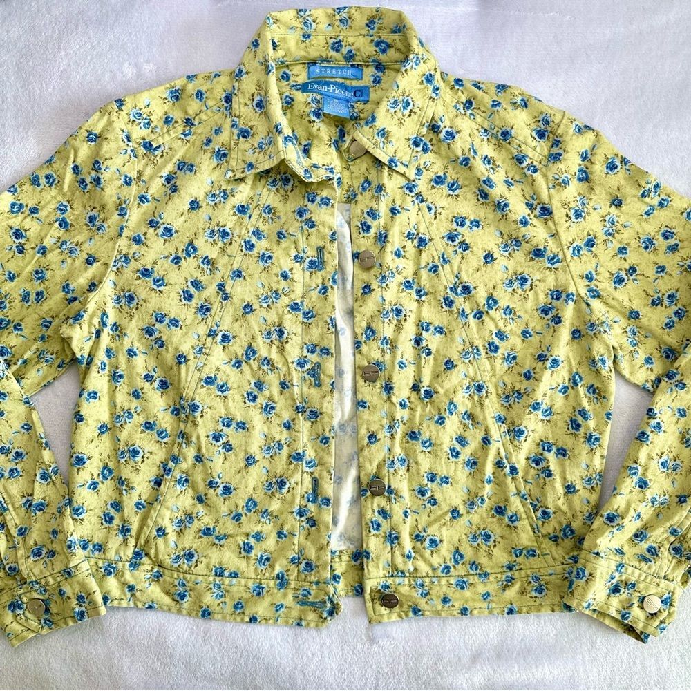 Vintage 80’s Evan Picone Women’s Yellow & Blue Floral Jean Denim Jacket - Medium